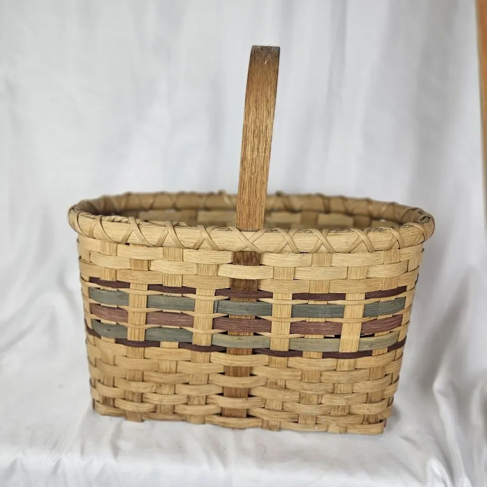 Vtg Hand Woven Splint Oak Gathering Basket Bentwood Handle Primitive Farmhouse